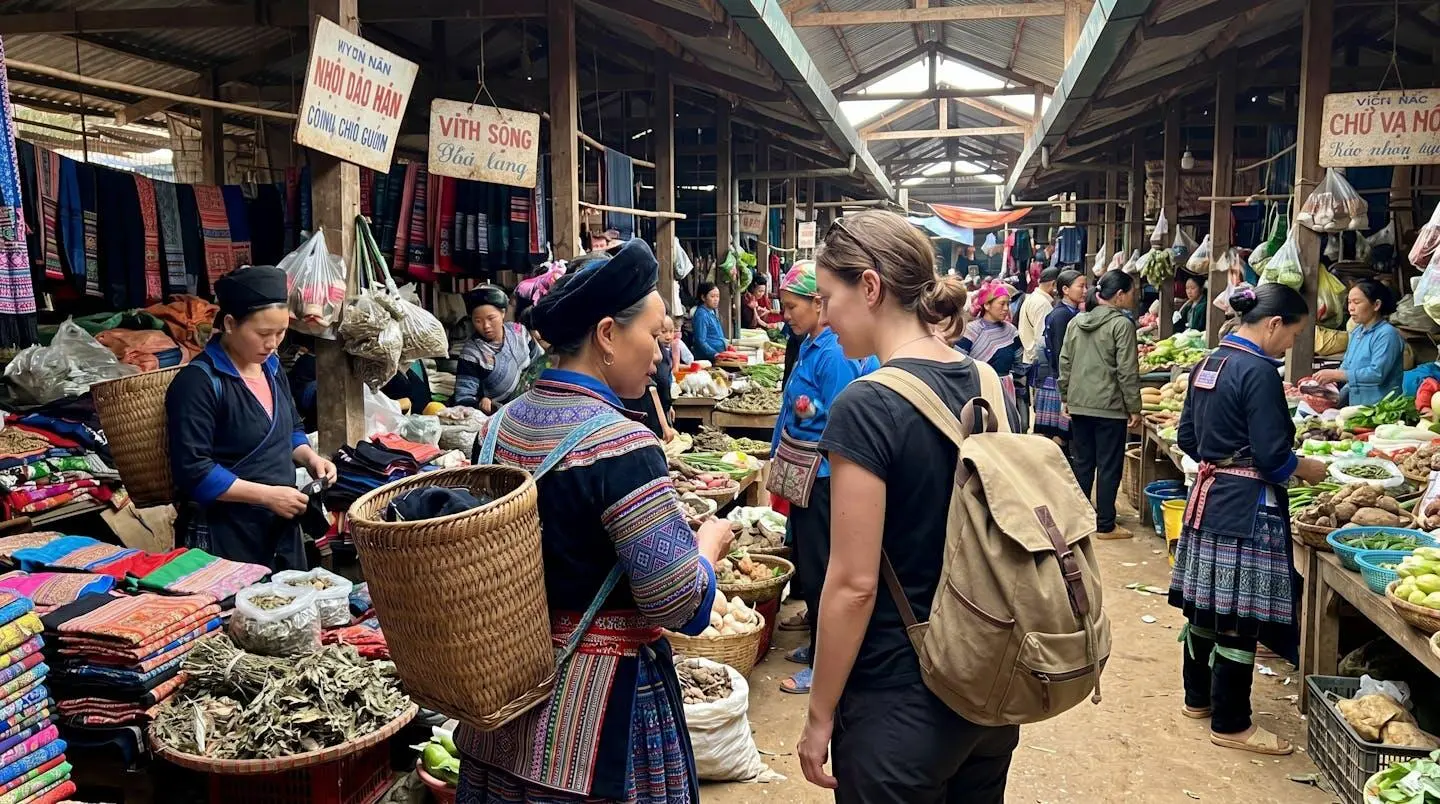 Guide vietnamien en costume traditionnel Hmong montrant une carte à un voyageur de dos, marché ethnique coloré en arrière-plan flouté