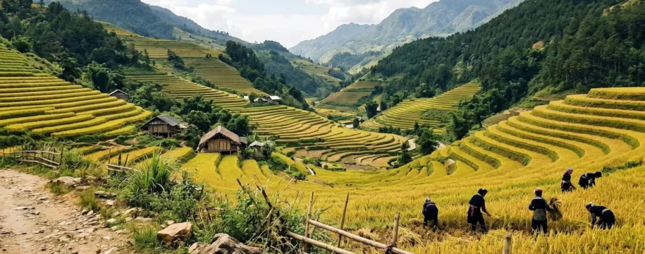 Vue aérienne de rizières en terrasses aux teintes dorées dans les montagnes du nord Vietnam, petites maisons traditionnelles nichées dans la vallée